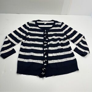 Exclusively Misook Striped Navy Blue‎ White Medium Ruffle Snap Front Cardigan